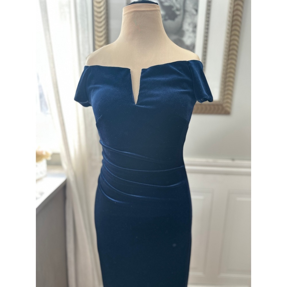 X by Xscape Gala Gown Off-Shoulder Ruched Velvet Navy Blue Glam 2‎